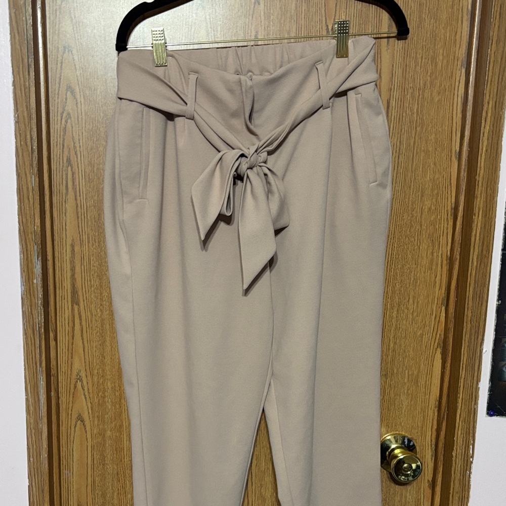 Elegant pink  Beige Tie-Waist Women's Trousers